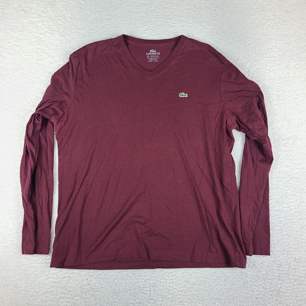 Lacoste Shirt Mens XL / 6 Burgundy Red V Neck Pima Cotton Long Sleeve T-Shirt